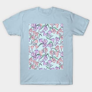 Happy lily flowers botanical pattern in light blue T-Shirt